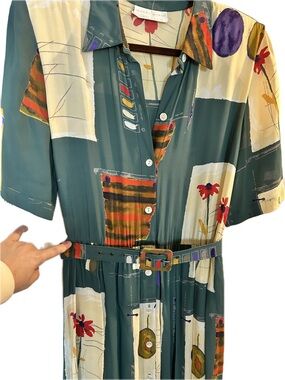 Vintage Mandy Marsh Green Chiffon Abstract Print Belted Maxi Dress